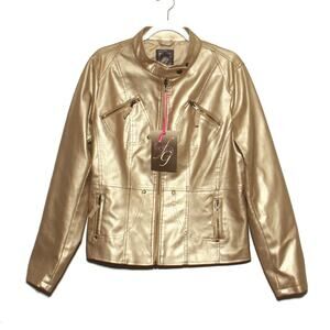 NEW Frida G Gold Moto Style Faux Leather Jacket Size XL Runs small